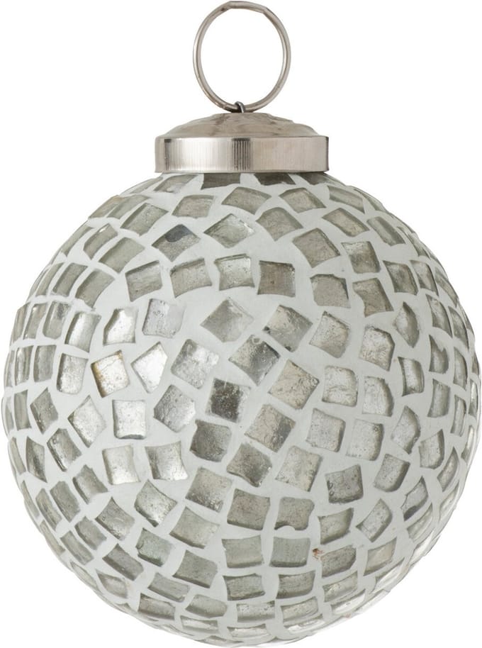 J-Line kerstbal Mozaiek - glas - wit/zilver - 4 stuks