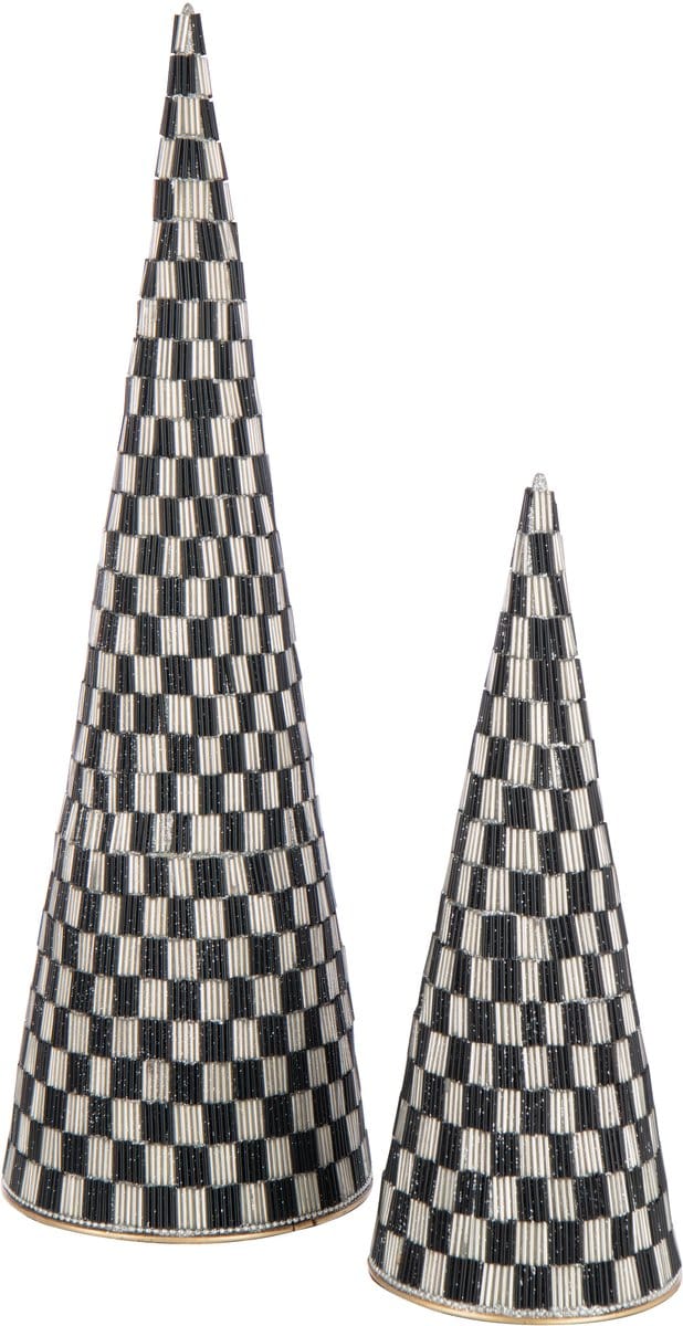J-Line decoratie Kegel Kralen - ijzer - zwart/ecru - set van 2