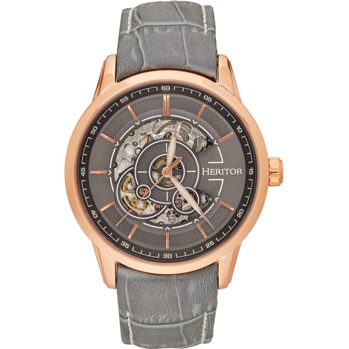 Heritor Automatic Davies Semi-Skelet leren band horloge - Roségoud/grijs