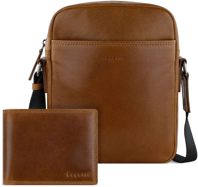 bugatti Leren schoudertas portemonnee Savona Crossover Bag + Wallet Cognac Lichtbruin