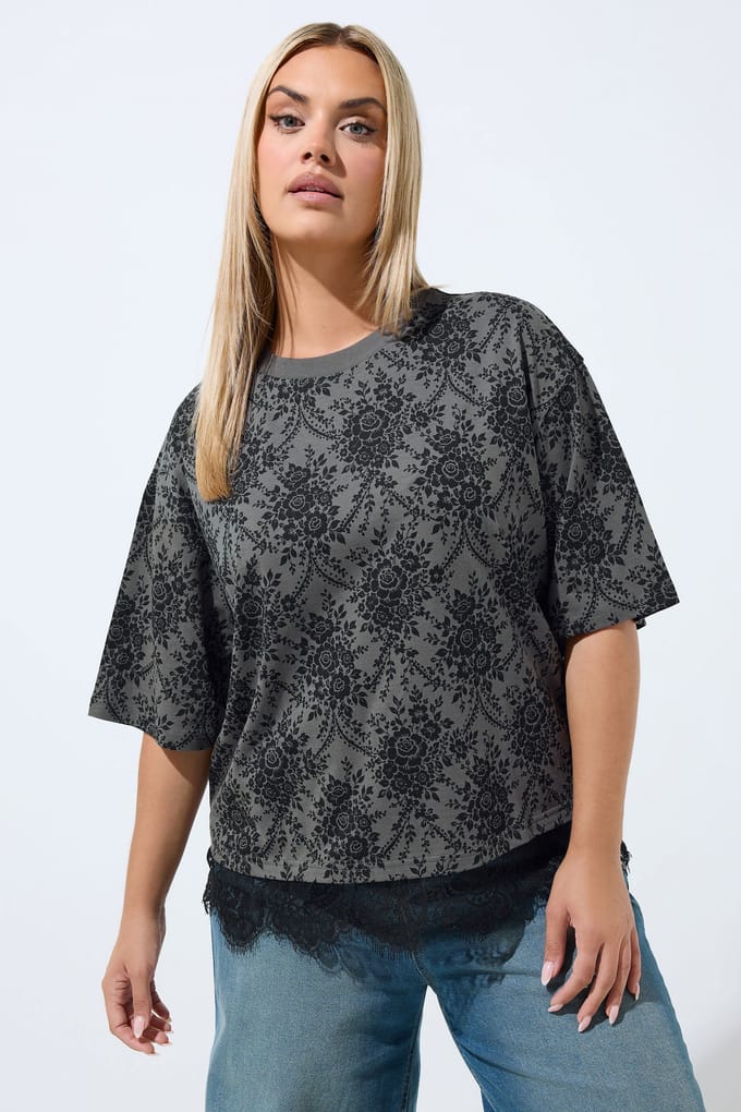 Limited Collection Grijs Bloemen Tshirt Met Kanten Zoom Size 40