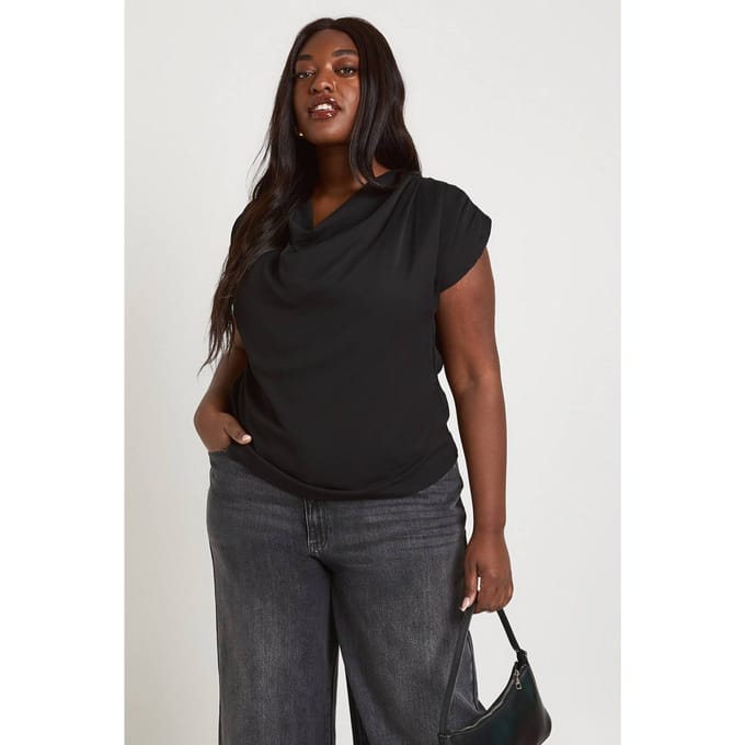 boohoo Dames Plus Chiffon Hoge Col Top | Zwart | Maat: 44