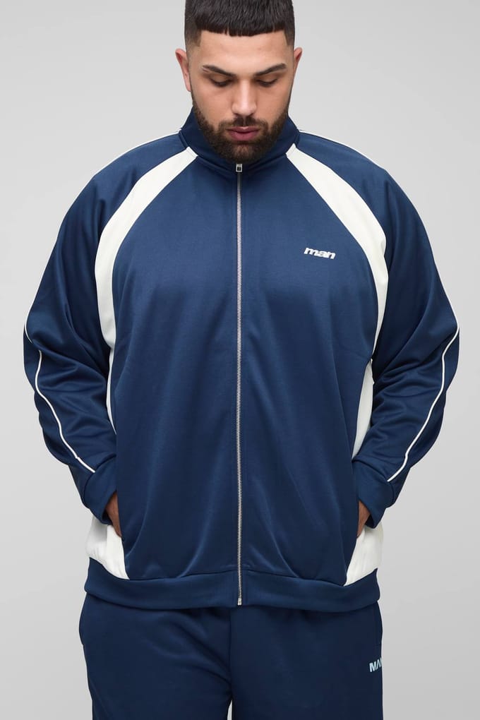 Plus Men's Regular Fit Tricot Kleurblok Funnel Neck Tracktop | Navy | Size 2XL