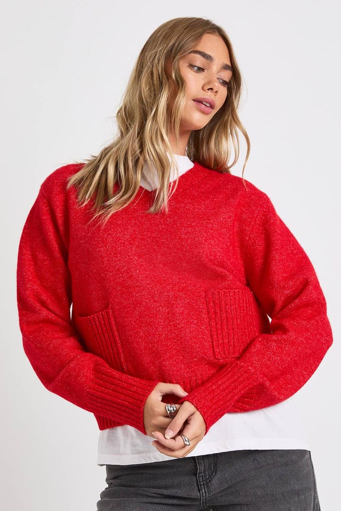 boohoo Dames V-hals oversized gebreide trui met zakdetail | Red | Maat: Medium