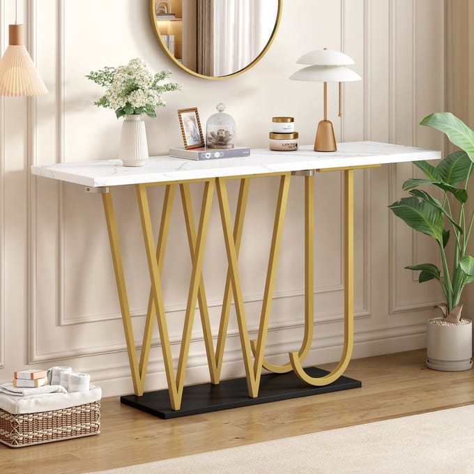 REDOM - Tafel - Met Opbergruimte En Marmerlook - Modern - MDF En Metaal - Wit - 120 x 29,5 x 80 cm