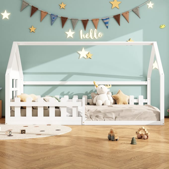 90x200 cm vlak bed - eenpersoonsbed - kinderbed - bedhek - wit - zonder matras