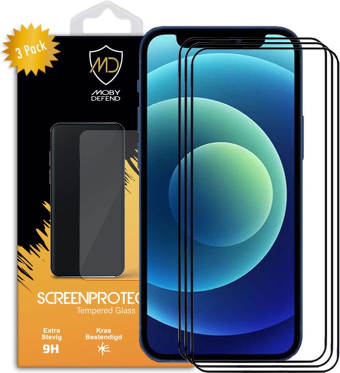 3-Pack MobyDefend Screenprotectors - Geschikt voor iPhone 12 / iPhone 12 Pro - Screensavers Met Zwarte Randen - Gehard Glas