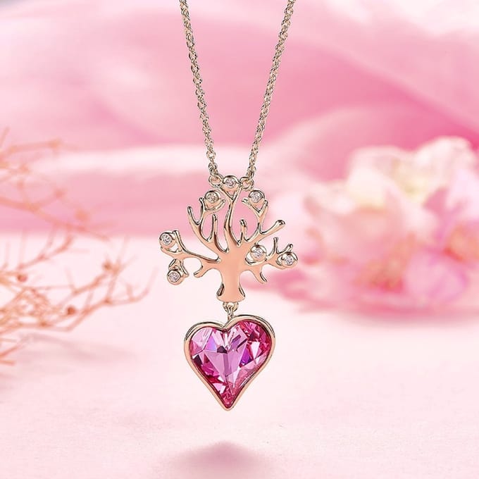 Roze Boom Hart Pendant Hanger met 14k Goud Sier - Ketting 40cm +5cm