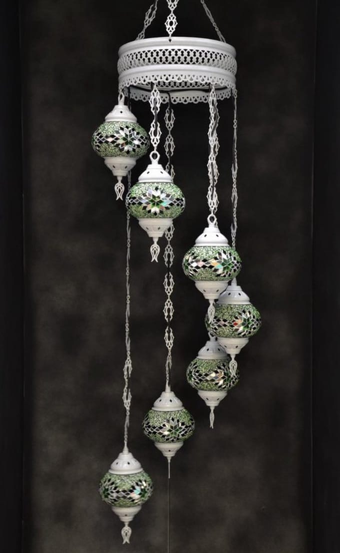 Hanglamp multicolour glas groen mozaïek Oosterse lamp kroonluchter Crèmewit 7 bollen