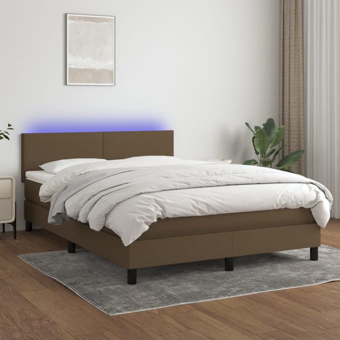 vidaXL - Boxspring - met - matras - en - LED - stof - donkerbruin - 140x200 - cm