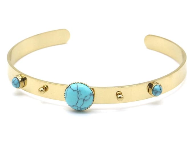 Armband Dames - Bangle met Turquoise Steentjes - RVS - One Size - Goudkleurig