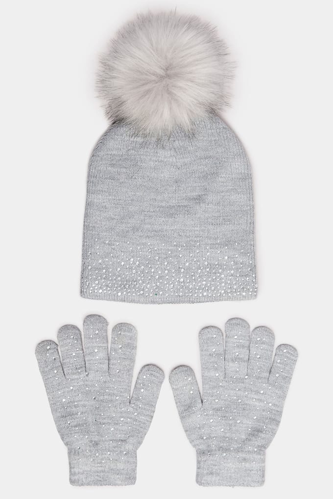 Yours Grijze Met Diamanten Versierde Bobbelmuts En Handschoenensetsize One Size