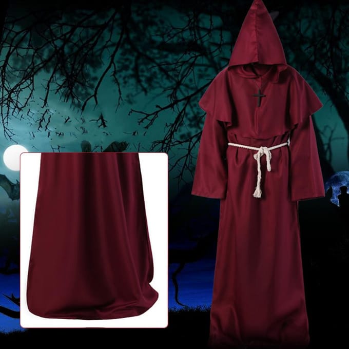 4 pièces/ensemble Halloween cape costume médiéval moine robe magicien Cosplay danse tissu cape avec drapé solide grand chapeau collier taille Ro S café