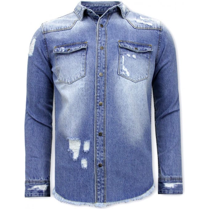 Lange Spijkerblouse Ripped Heren - 9021 - Blauw