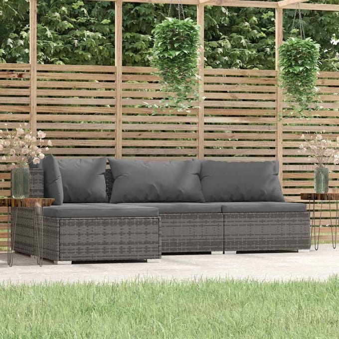 vidaXL - 4-delige - Loungeset - met - kussens - poly - rattan - grijs