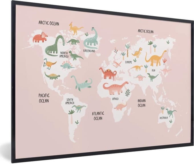 Wereldkaart - Kinderen - Dinosaurus - Schoolplaat - Kinderkamer - 60x40 cm