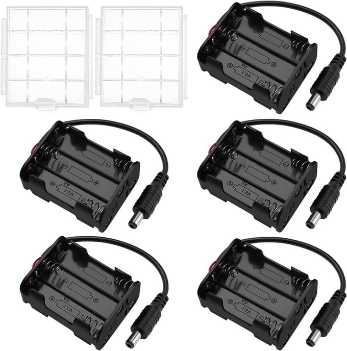Batterijhouder AA - Batterij Box - Elektronica Projecten - Met DC Stekker - 5 Stuks - Zwart