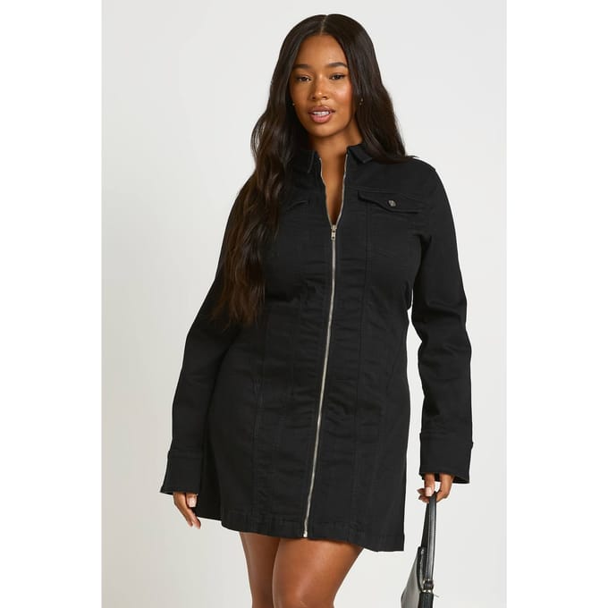 boohoo Dames Plus Denim Zip Up Shiftjurk | Black | Maat: 22