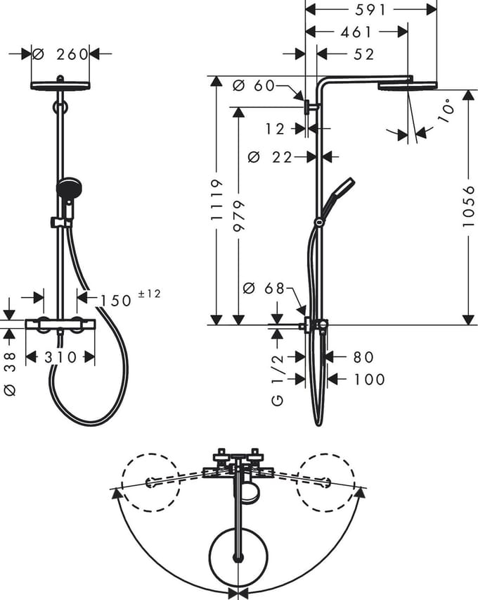 Hansgrohe Pulsify S Puro - Doucheset met thermostaat, diameter 26 cm, 3 jets, mat wit 24236700