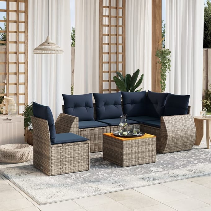 vidaXL - 6-delige - tuinbankset - met - kussens, - grijs - polyrotan