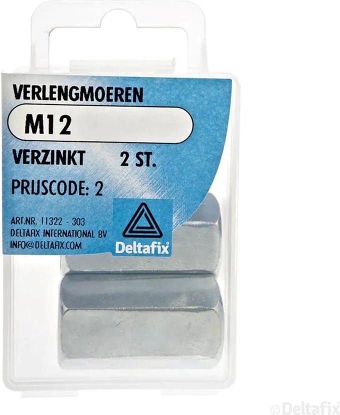 Deltafix verlengmoer verzinkt m12 din 6334 2 st.