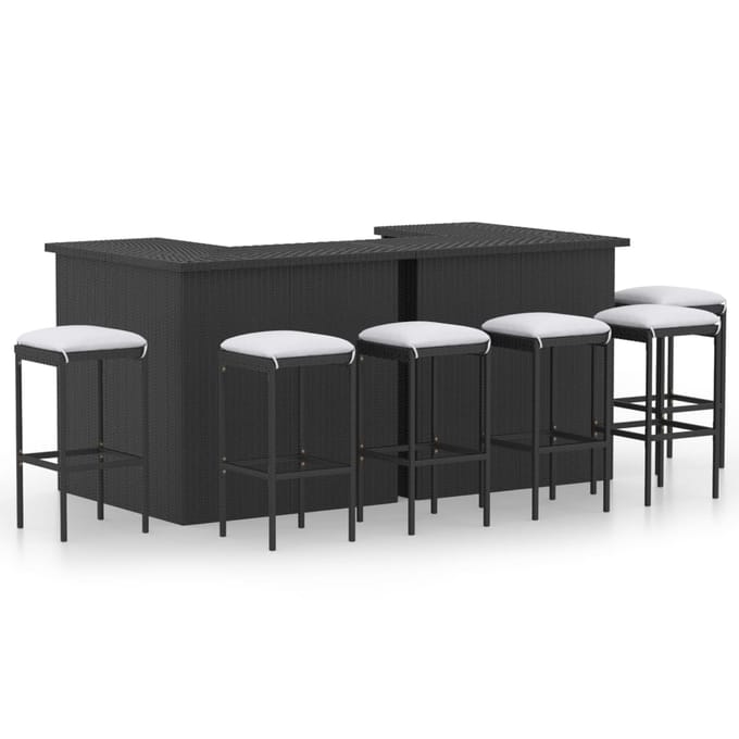 vidaXL - 8-delige - Tuinbarset - met - kussens - poly - rattan - zwart