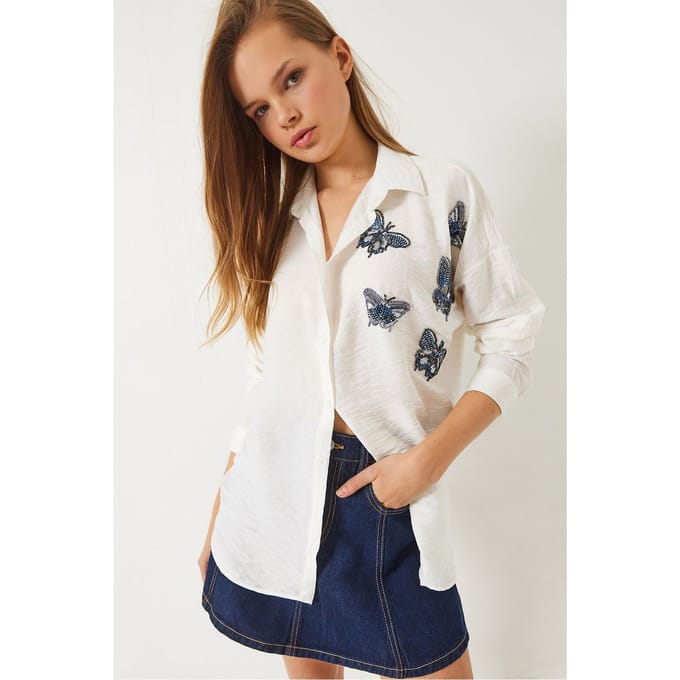 Oversized Geborduurd Shirt met Knopsluiting