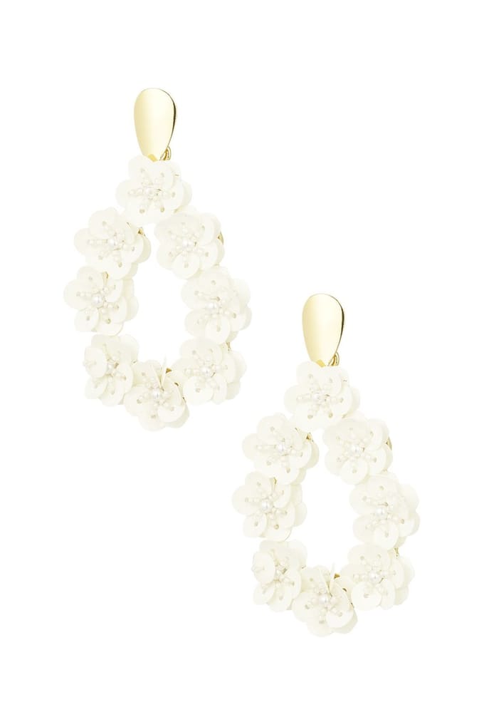 Ronde bloemen statement oorbellen - wit Goud kleur Color
