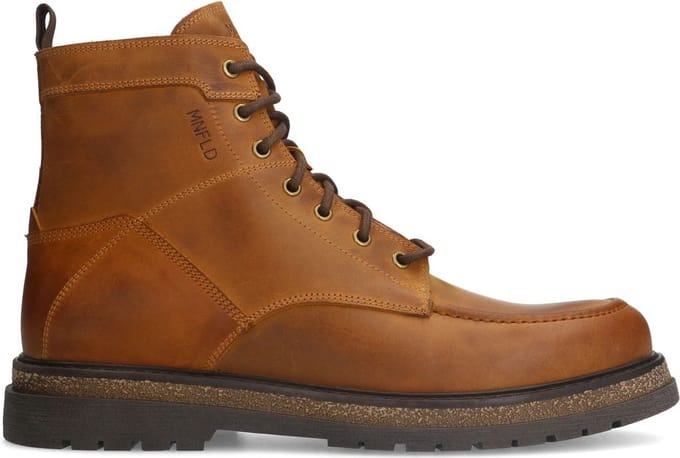 Manfield - Heren - Cognac leren veterboots - Maat 45