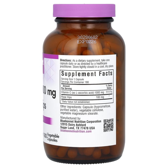Bluebonnet Nutrition, Vitamine C-1.000mg & Rozenbottel, 180 Veggie Capsules