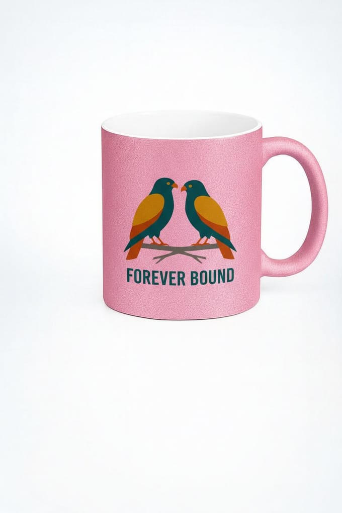 Roze Glitter Mok 'Forever Bound' met Liefdesvogels - Romantisch & Uniek Cadeau