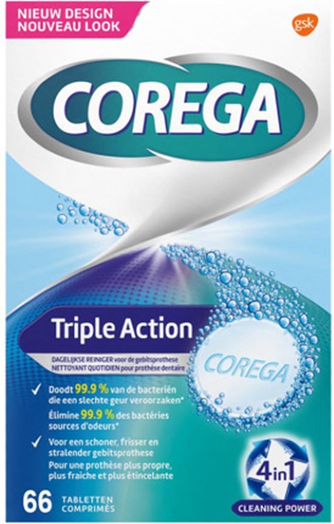 Corega Triple Action Reinigingstabletten voor gebitsprothese (3 x 66 stuks)