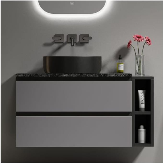 Meuble sous-vasque suspendu - MUVOE - Design moderne - 80 cm - Vasque céramique noire - Tiroirs gris