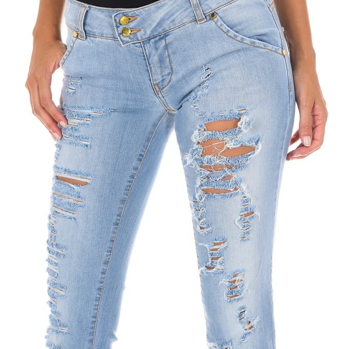 Lange denim broek versleten en gescheurd effect 10DBF0094 vrouw
