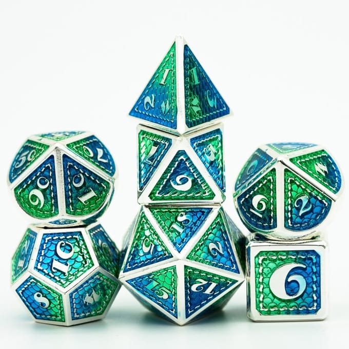 Lapi Toys - Dungeons and Dragons dobbelstenen - D&D dobbelstenen - D&D metal polydice - 1 set (7 stuks) - Metaal - Groen - Blauw