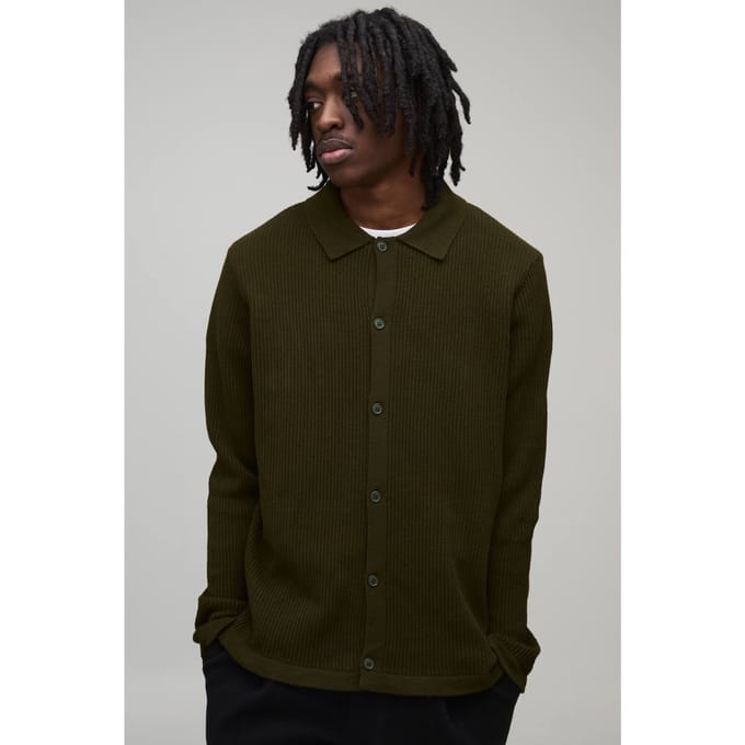 Regular Fit Collared Knitted Shirt | Khaki | Size Medium