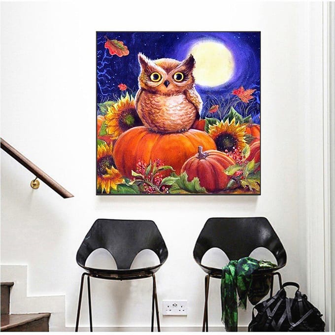Peinture diamant avec perceuse complète, hibou rond, Art, citrouille, broderie, strass, image d'halloween 30x30CM blue