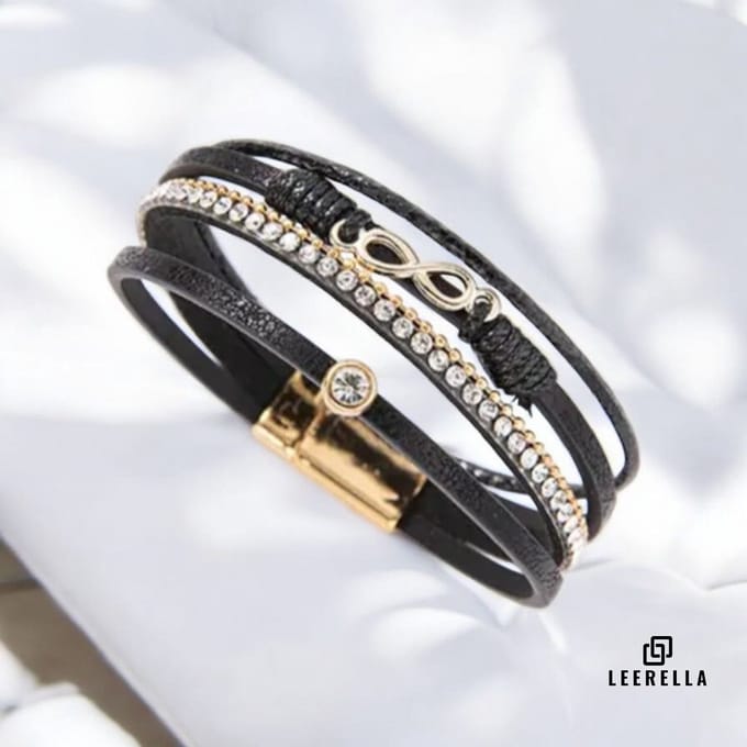 Leerella Stijlvolle Multi-Color Leather Infinity Armband - Zwart 19 cm