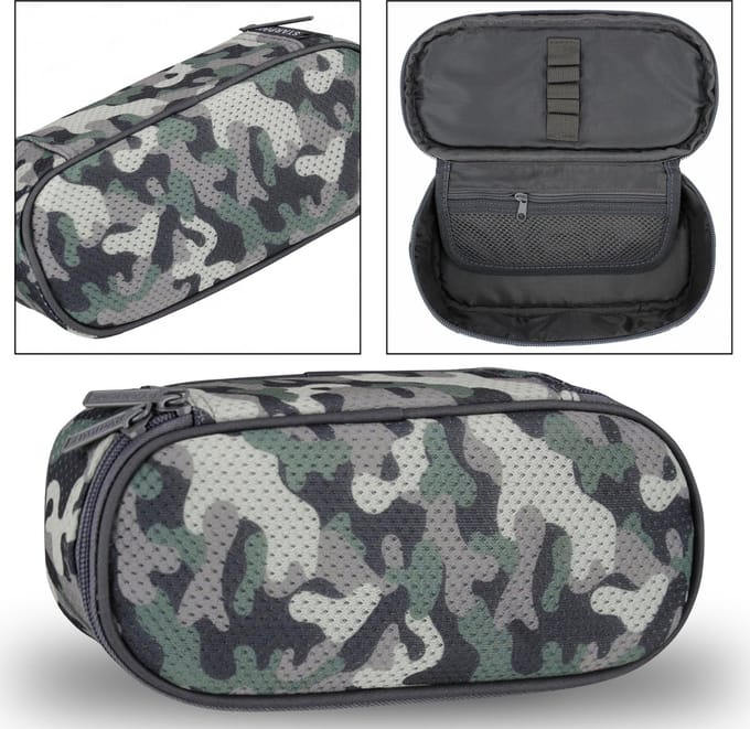 Camouflage etui met net, ovale vorm, met rits 22x6x10 cm