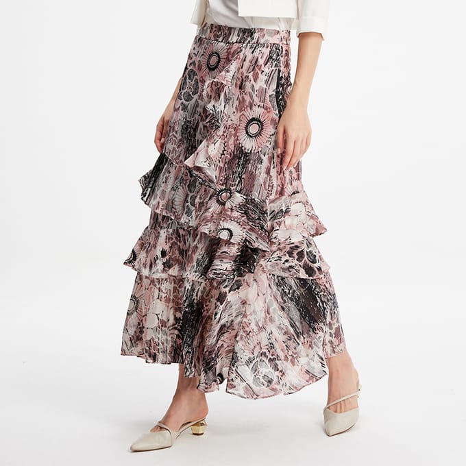 Lange chiffon rok met ruches bloemenprint