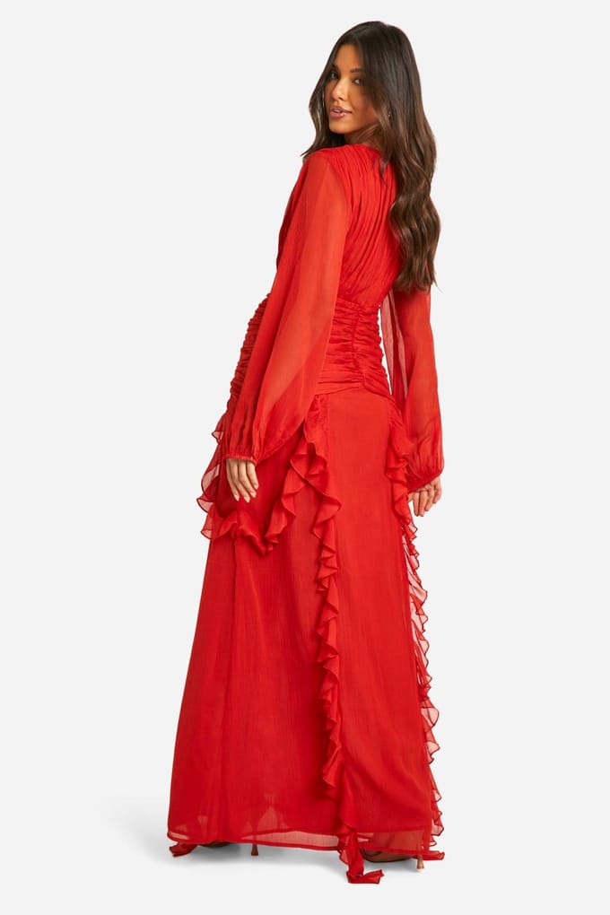 boohoo Dames Crinkle Chiffon Ruffle Maxi Jurk | Russet | Maat: 42
