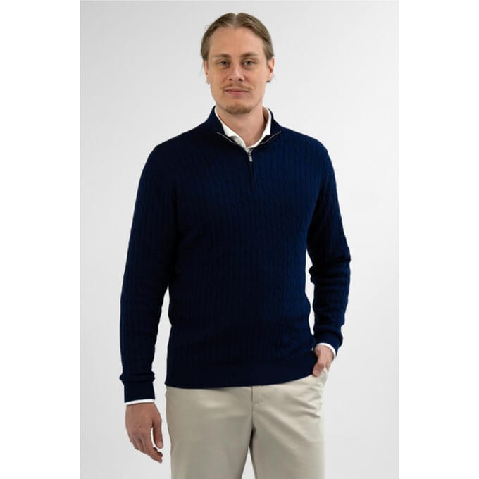 Vercate - Quarter Zip / Half Zip Trui - Cashmere / Kasjmier Blend - Kabeltrui / Pullover - Regular Fit - Donkerblauw - Maat L