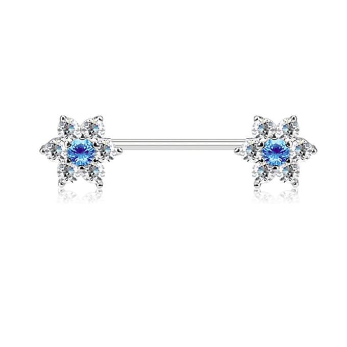 Tepelpiercing flower ends CZ 1.6x16 - wit/aqua - LMPiercings