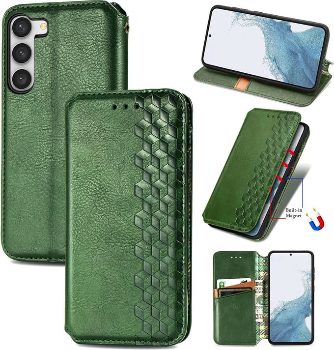 Luxe PU Lederen Ruitpatroon Wallet Case + PMMA Screenprotector voor Galaxy S23 _ Groen