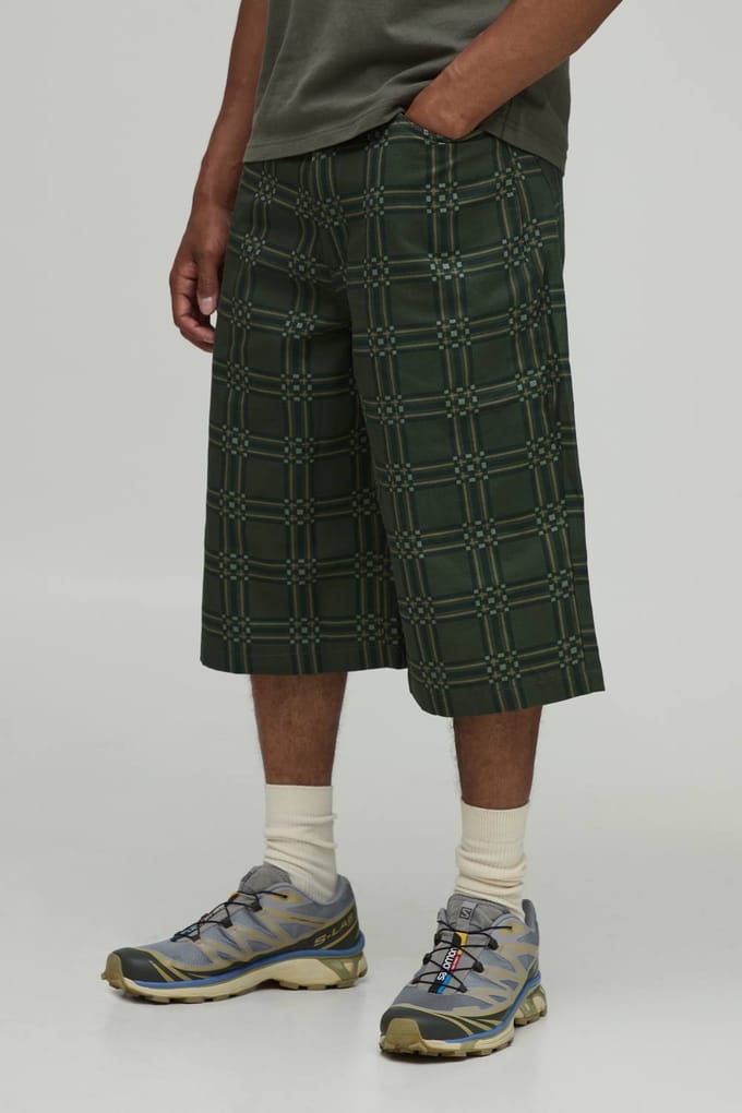 Baggy Longline Geruit Twill Short | Khaki | Size 36