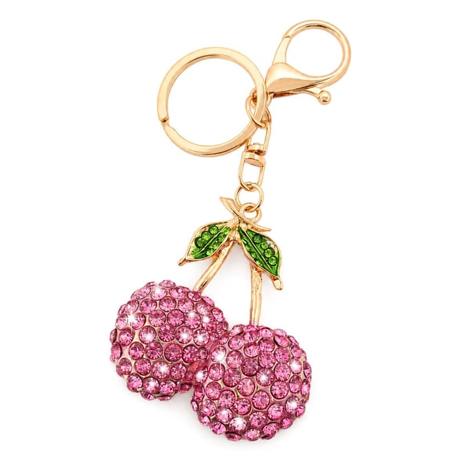 Tashanger dames roze kersen met strass - goudkleurig metaal - 10 cm lang