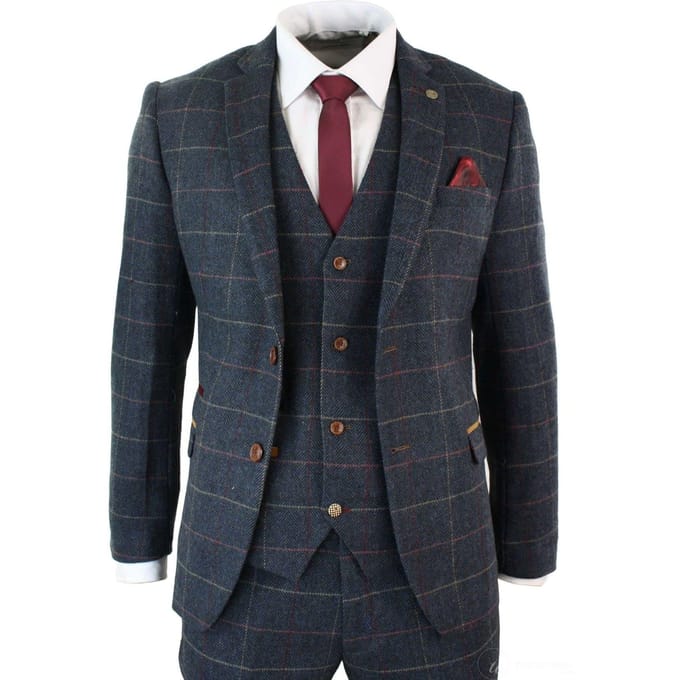 Heren 3-delig marineblauw visgraat geruit vintage pak