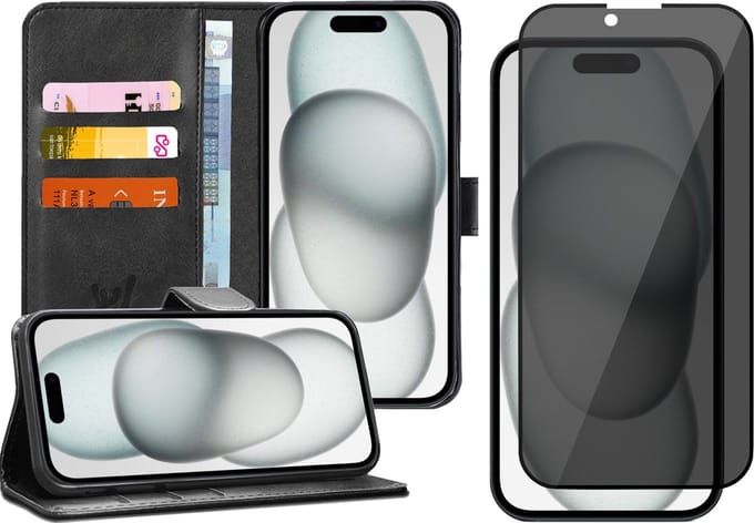 Hoesje geschikt voor iPhone 15 Plus - Privacy Screen Protector FullGuard - Book Case Kunstleer Pasjeshouder Zwart & Screenprotector