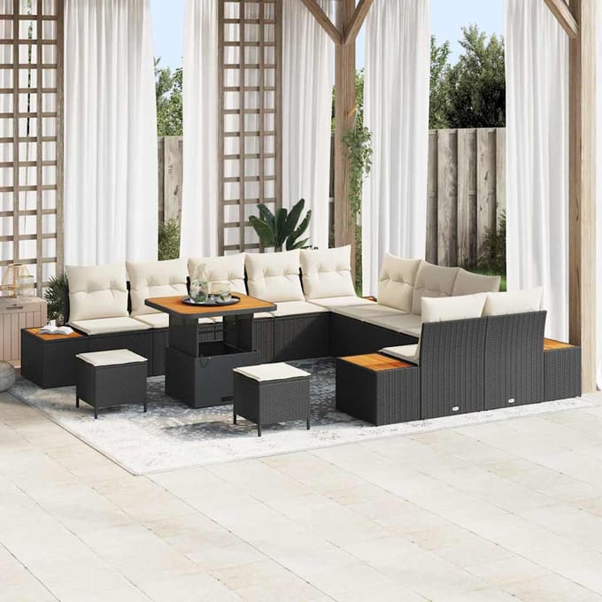 vidaXL - Tuinbank - Set - 13 - st - 12-zits - Zwart - Poly - rattan
