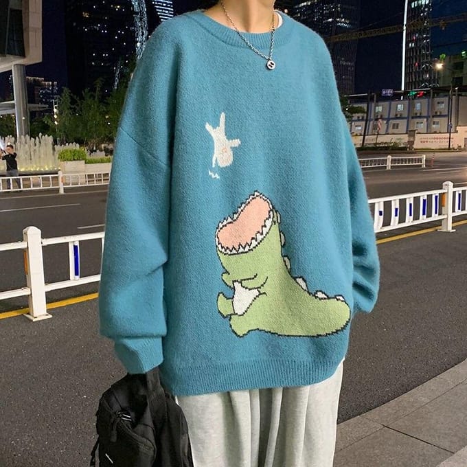 Herfst Heren Dinosaurus Trui All-match Persoonlijkheid Ronde Hals Trui Hong Kong Stijl Trui XL zwart